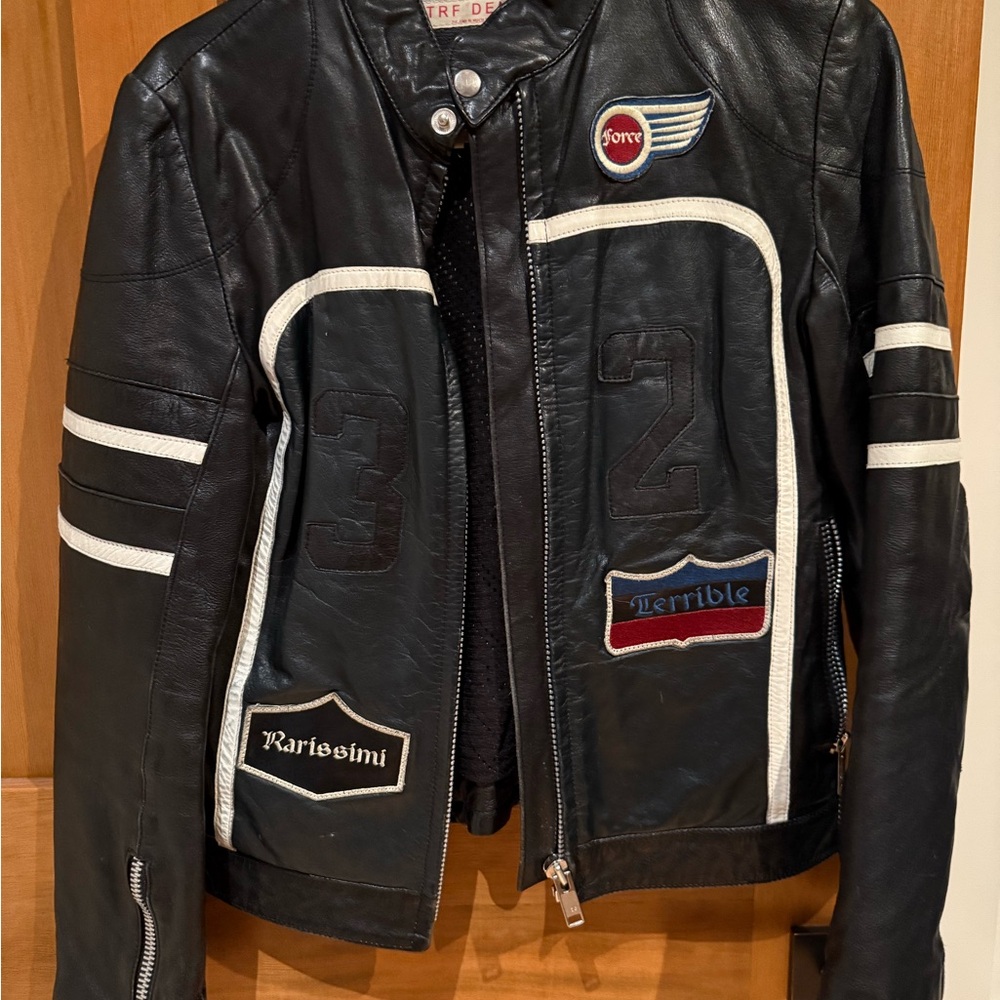 TRF Zara Black Leather Moto Jacket with White Accents and patches